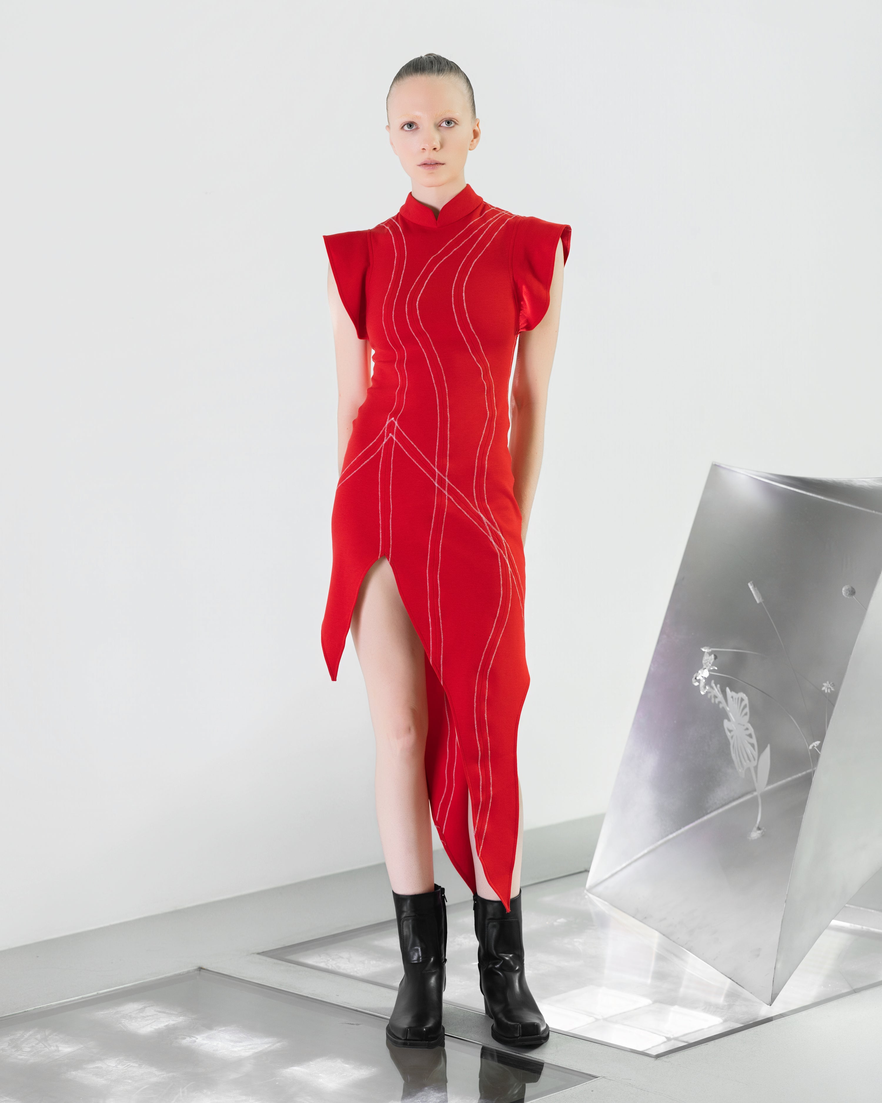 A-JANE SINNE Mandarin Collar Stretch Dress