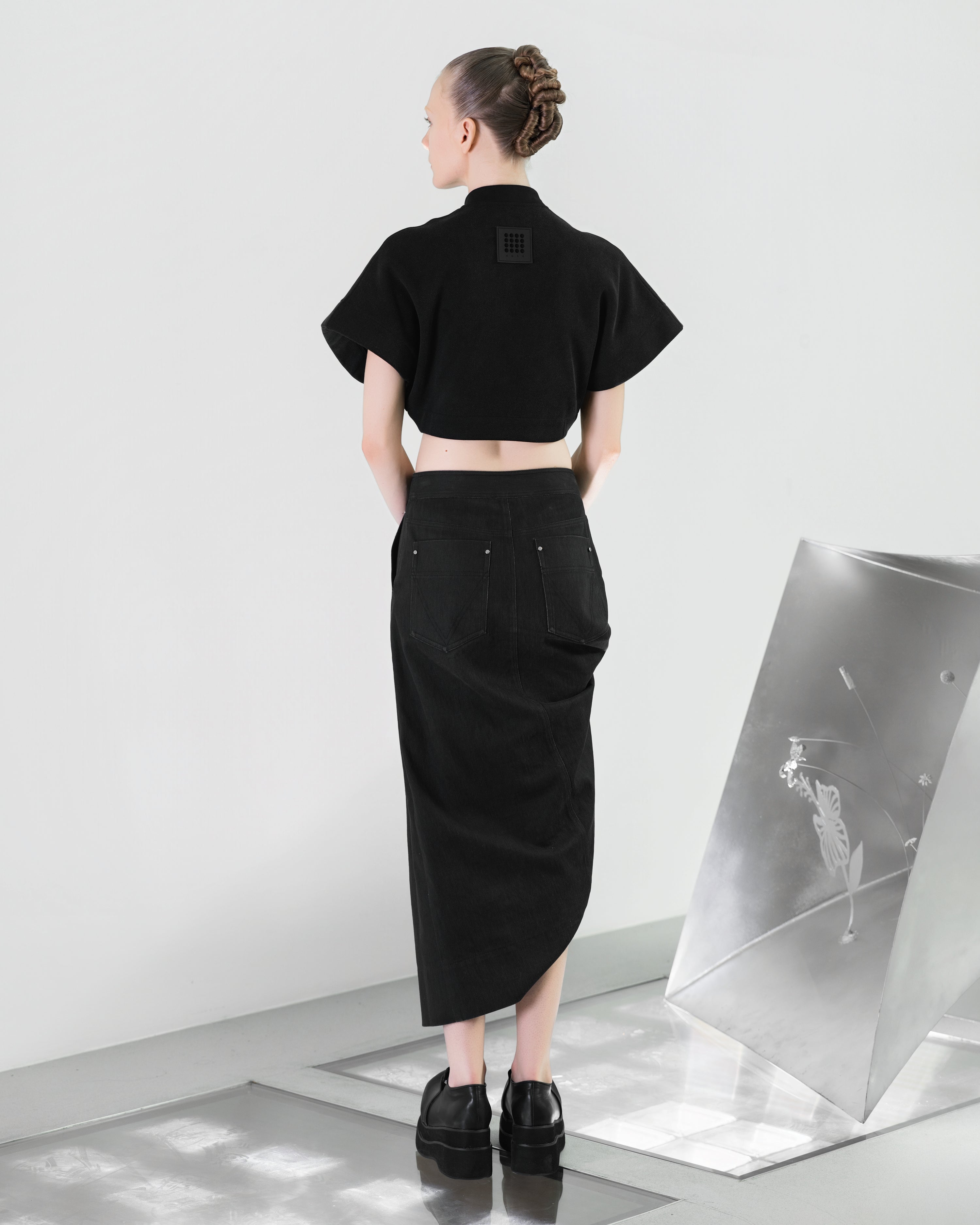 NOIZ N8SK3 Draped Asymmetrical Midi Denim Skirt