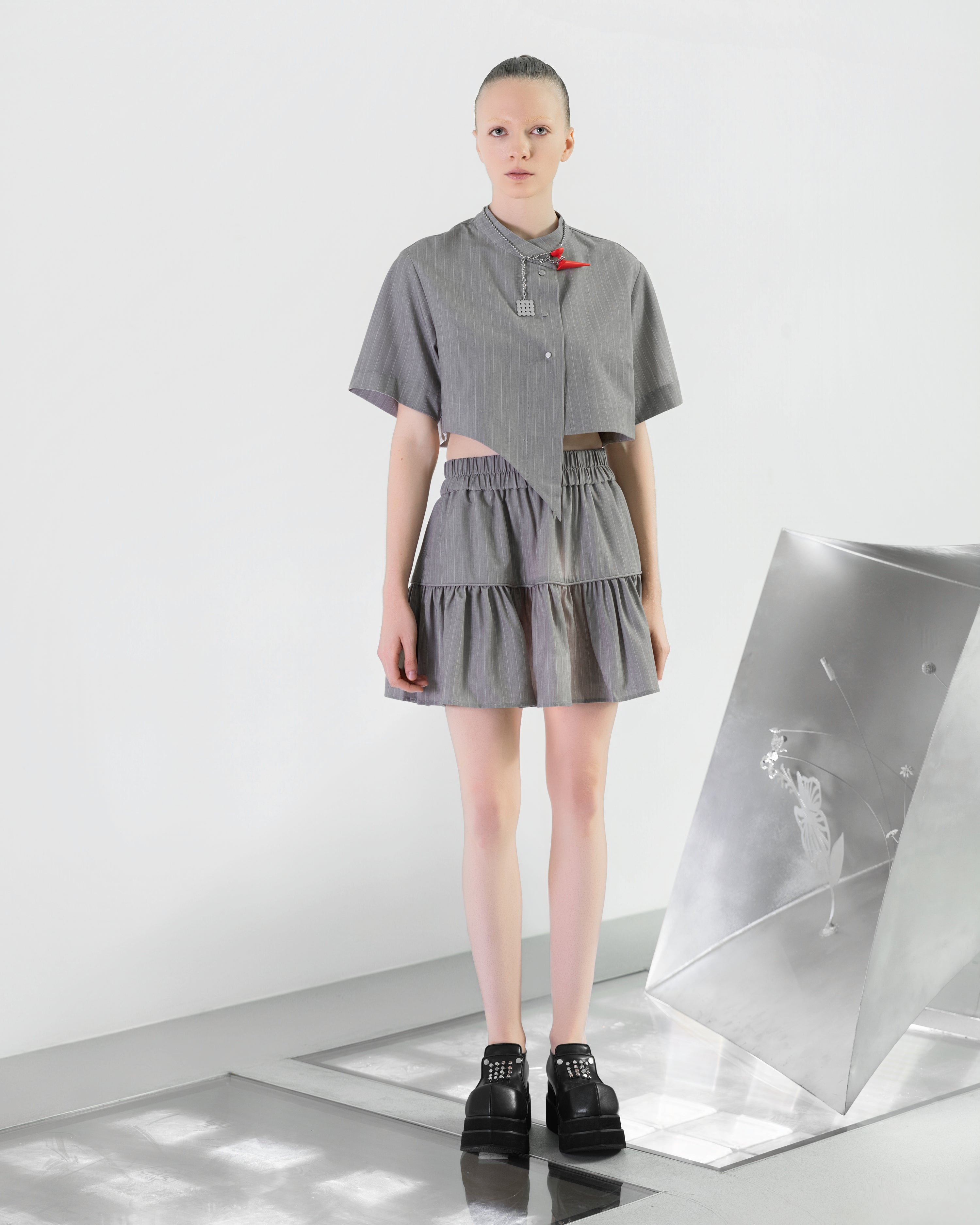 NOIZ N8TPK1 Asymmetrical Diagonal-Cropped Stand-Collar Top