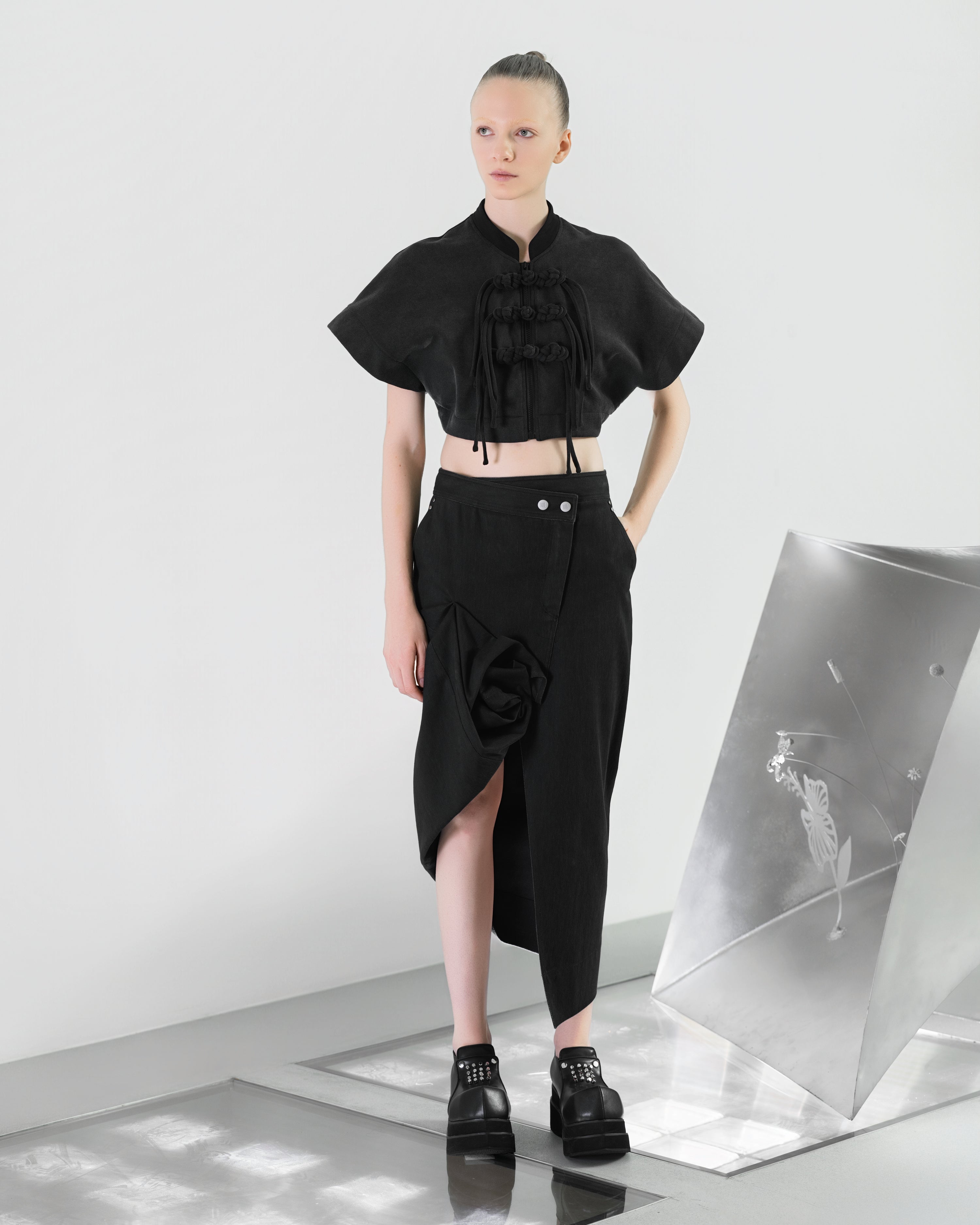 NOIZ N8SK3 Draped Asymmetrical Midi Denim Skirt