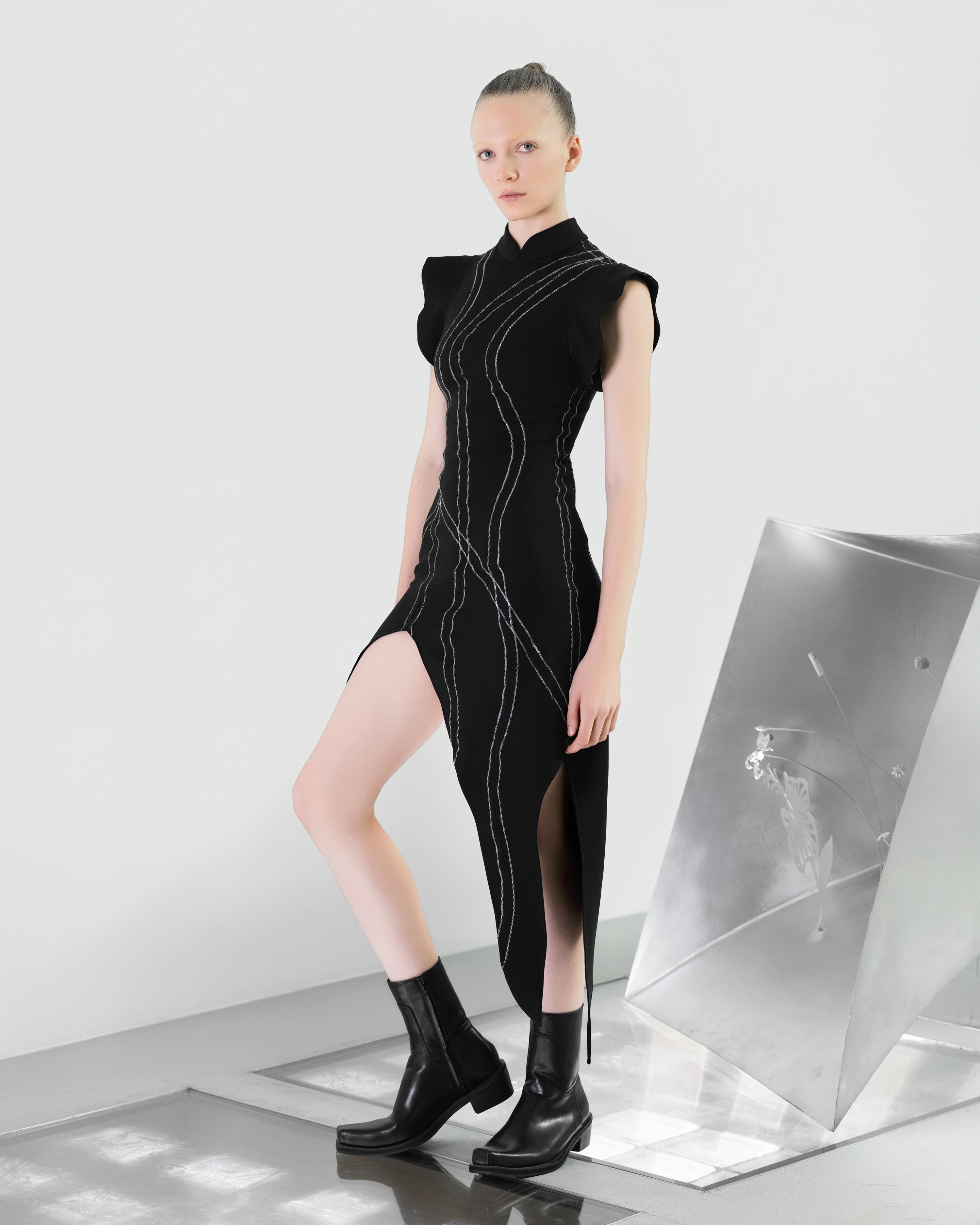 A-JANE SINNE Mandarin Collar Stretch Dress