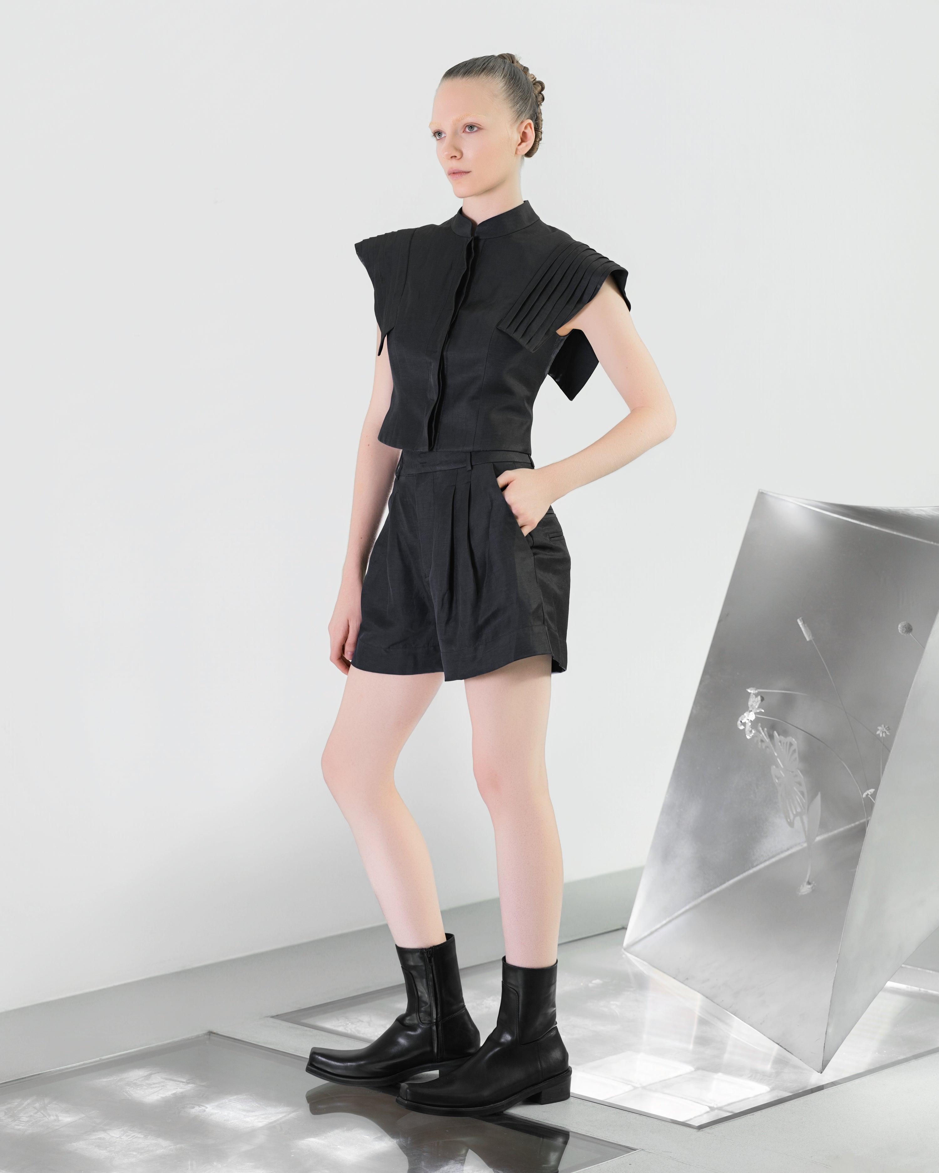 A-JANE LINNA Pleated Sleeves Crop Top