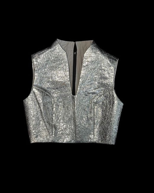 A-JANE SS25 Urane Plunged Neck Leather Cropped Top