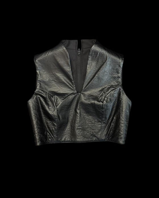 A-JANE SS25 Urane Plunged Neck Leather Cropped Top