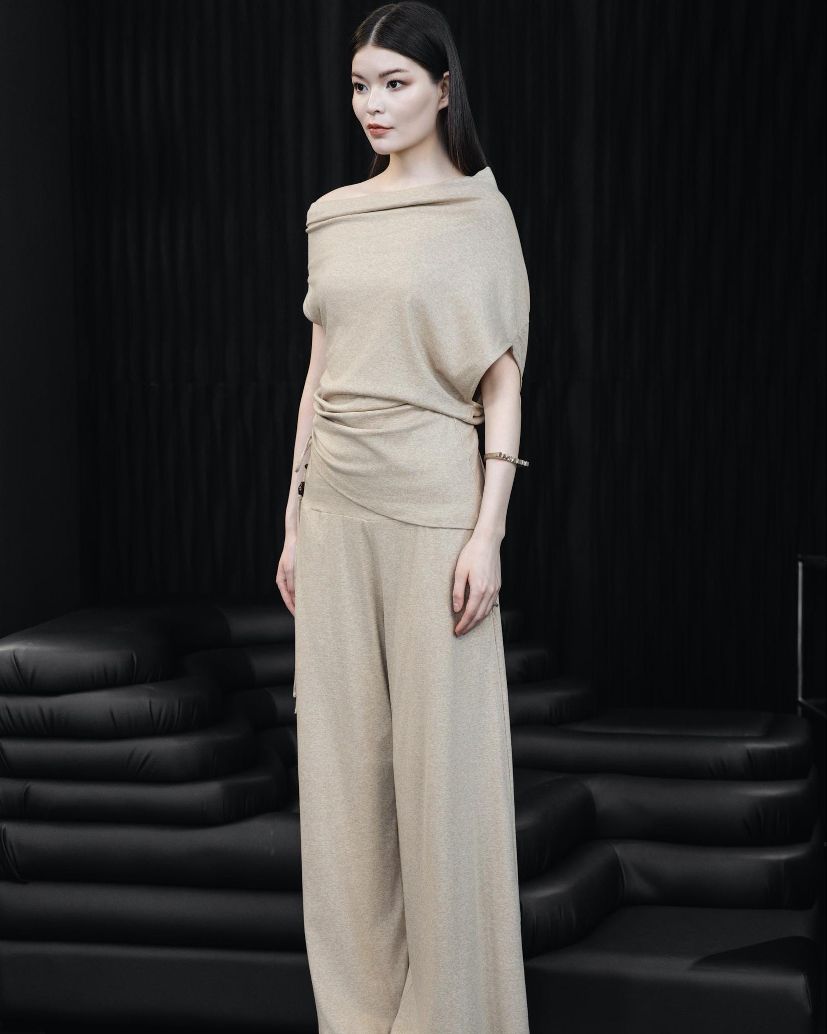 A-JANE SLINN Asymmetrical Drawstring Knit Top