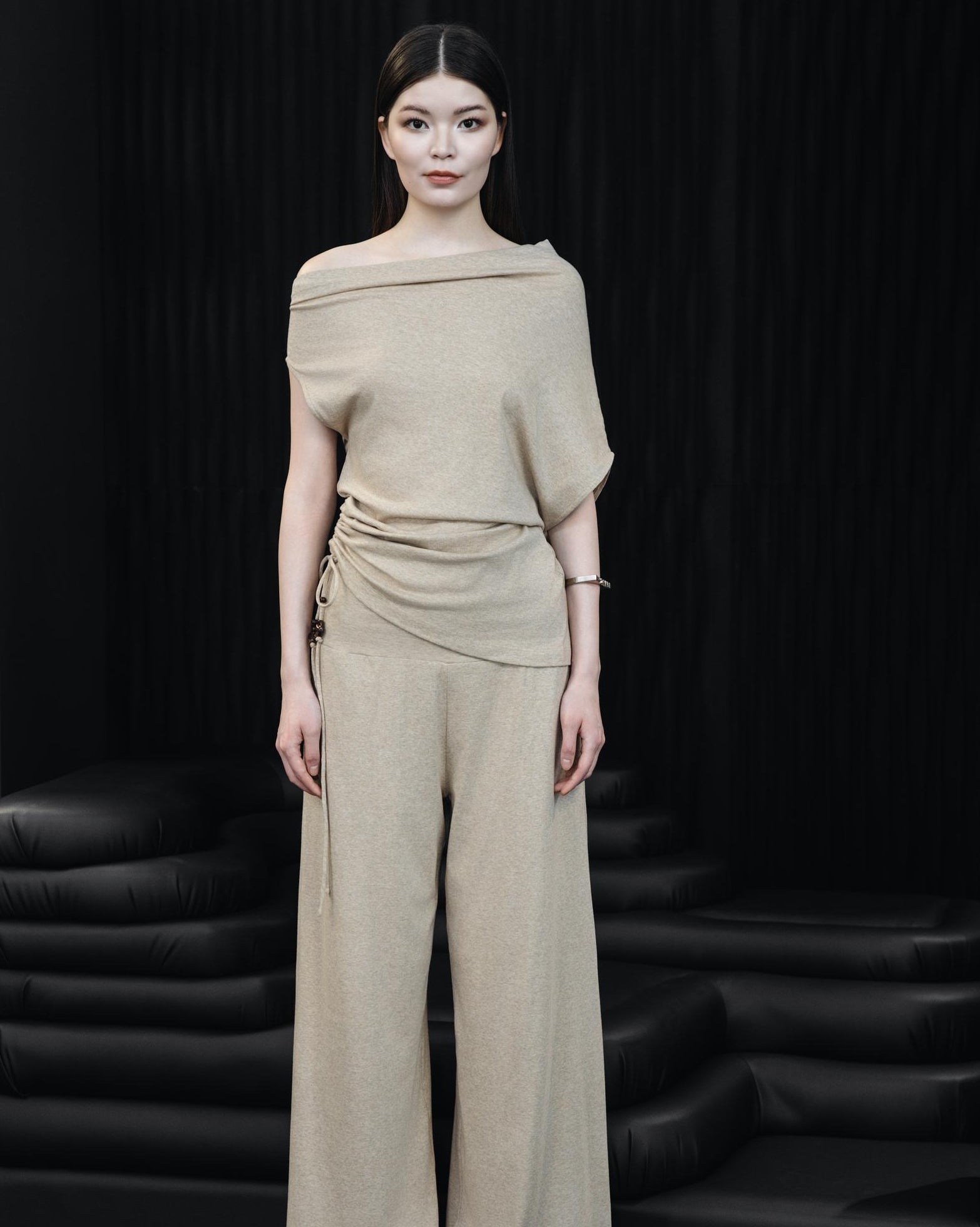A-JANE SLINN Asymmetrical Drawstring Knit Top